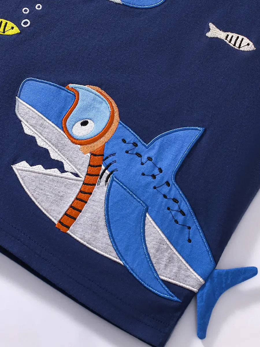 Boys Shark Print Shorts Suit - Blue - view 3