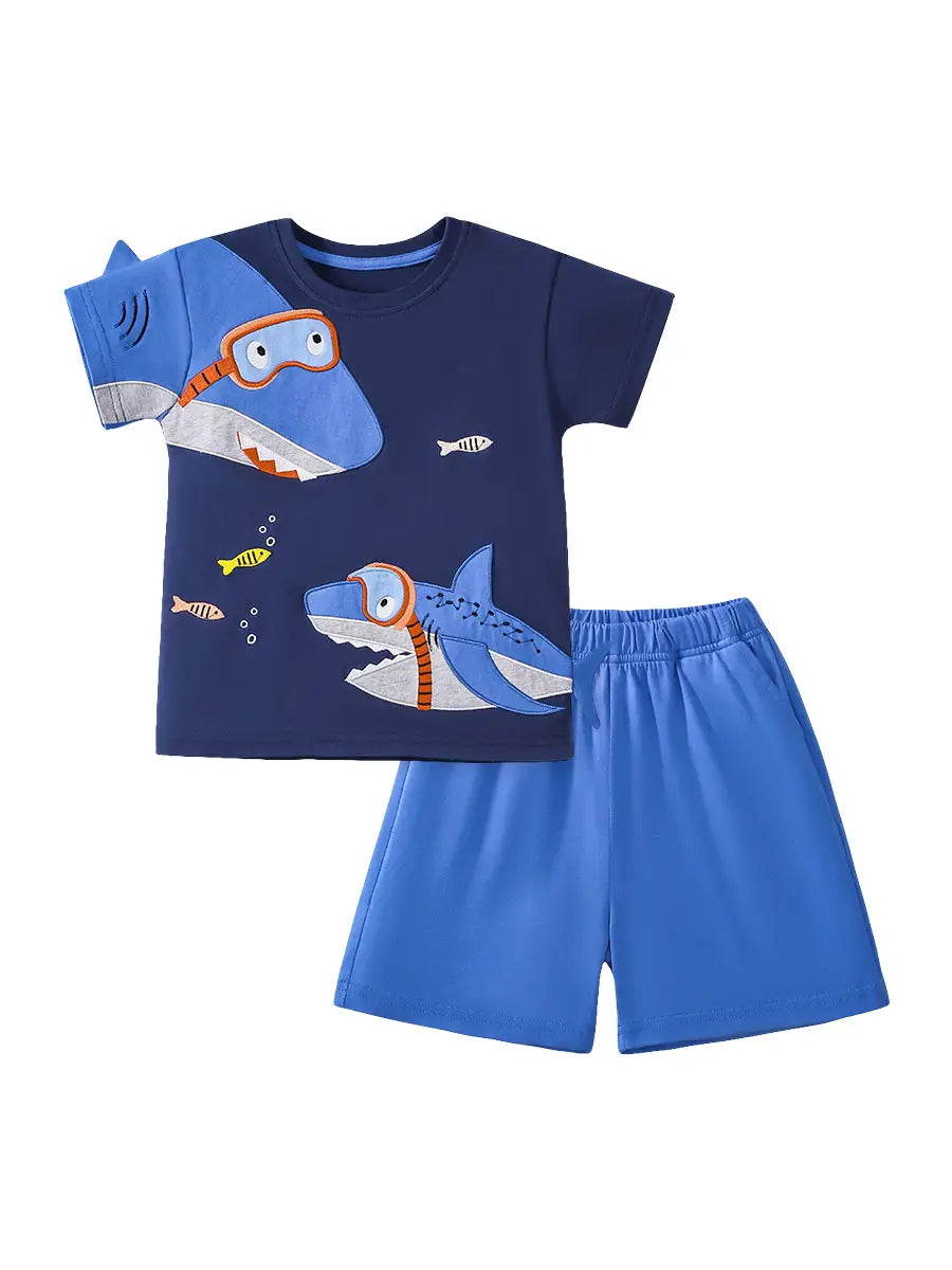 Boys Shark Print Shorts Suit - Blue - view 5