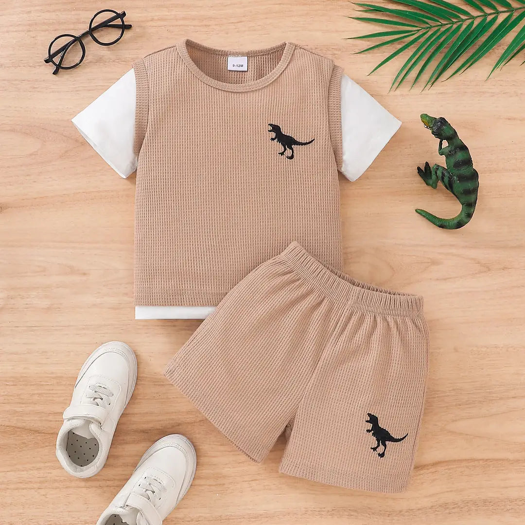 Kids Dinosaur Vest Suit - Khaki Waffle, Summer Wear