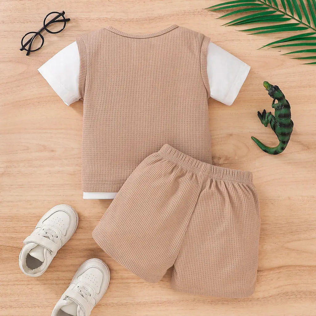 Kids Dinosaur Vest Suit - Khaki Waffle, Summer Wear - view 2