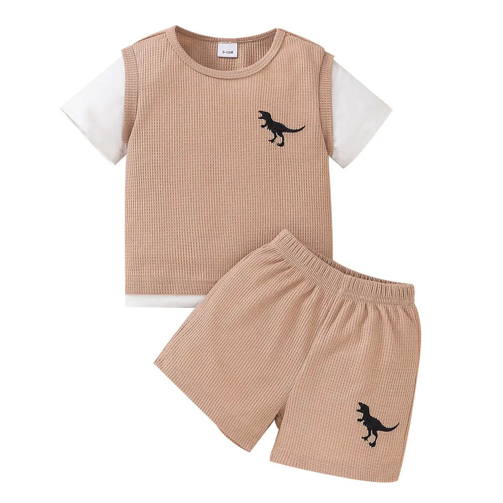 Kids Dinosaur Vest Suit - Khaki Waffle, Summer Wear - view 5