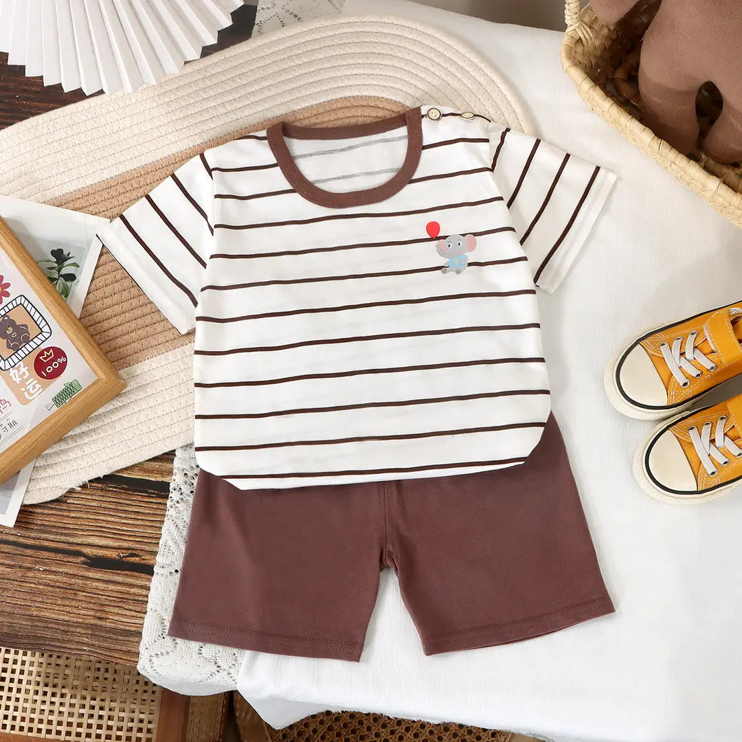 Kids Striped Cotton Shorts Set - Elephant Embroidery