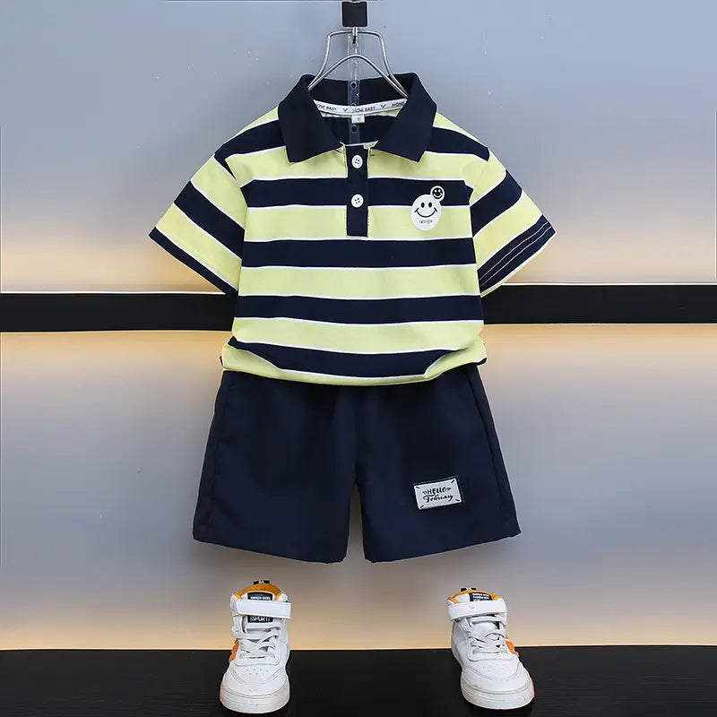 Kids Striped Polo Shorts Set - Navy & Yellow