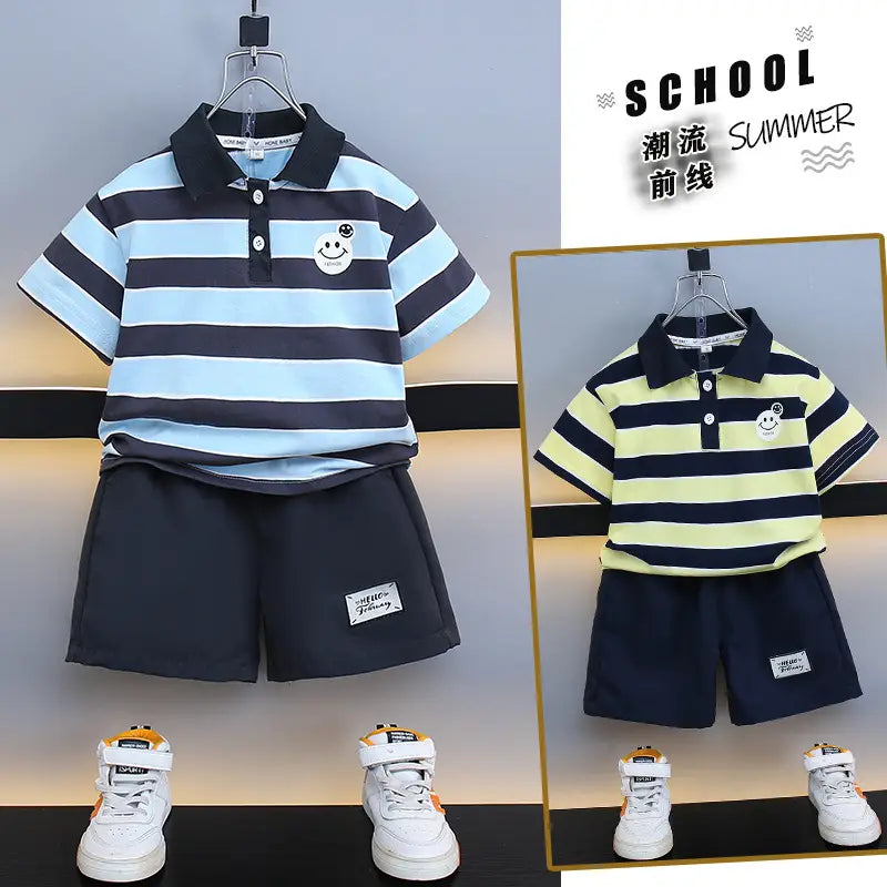 Kids Striped Polo Shorts Set - Navy & Yellow - view 4