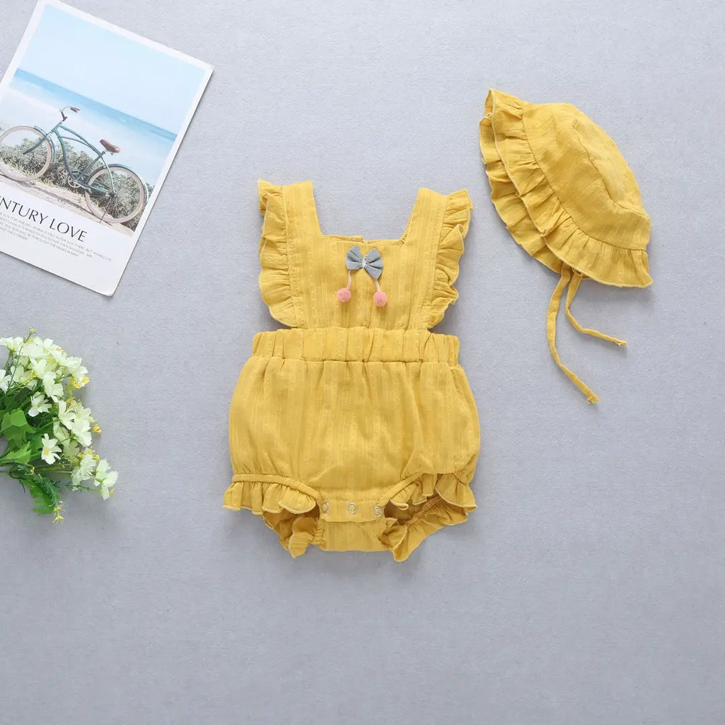 Baby Ruffled Romper Set - Yellow with Sun Hat
