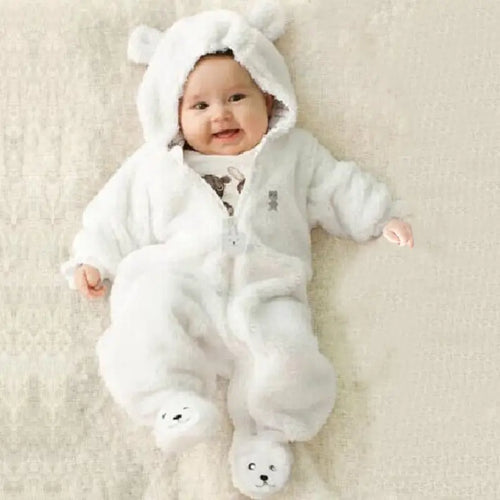 Baby Bear Fleece Jumpsuit - White, Soft Winter Wear