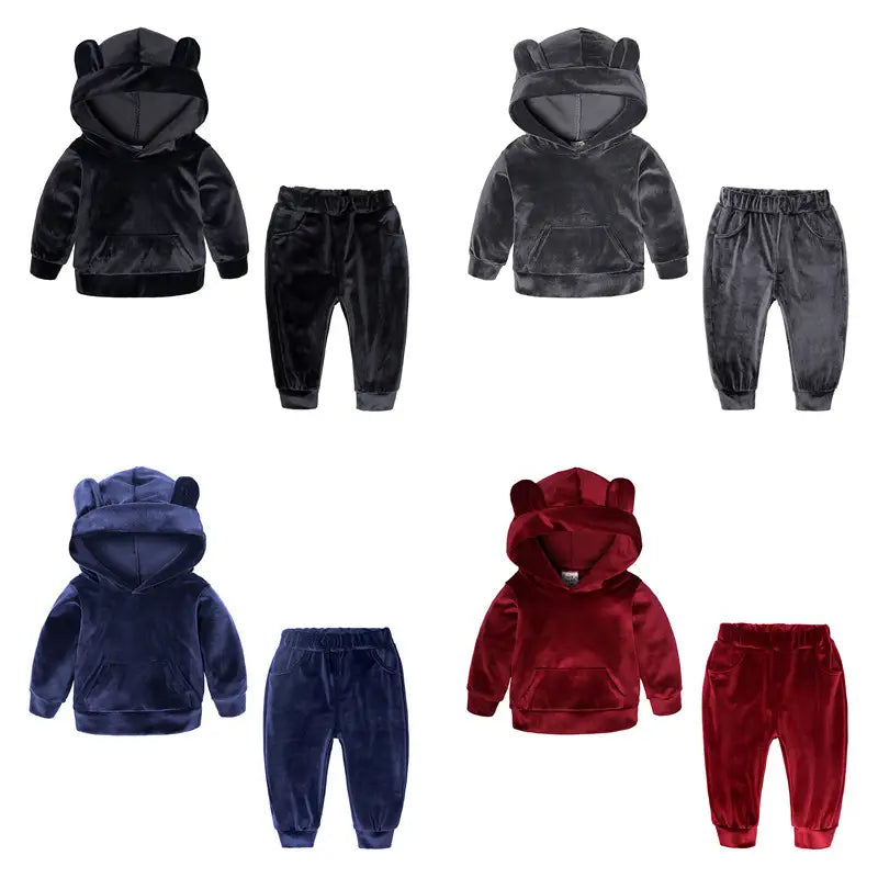 Kids Bear Ears Velvet Hoodie Set - 80 to 140cm, 1 to 7 Years