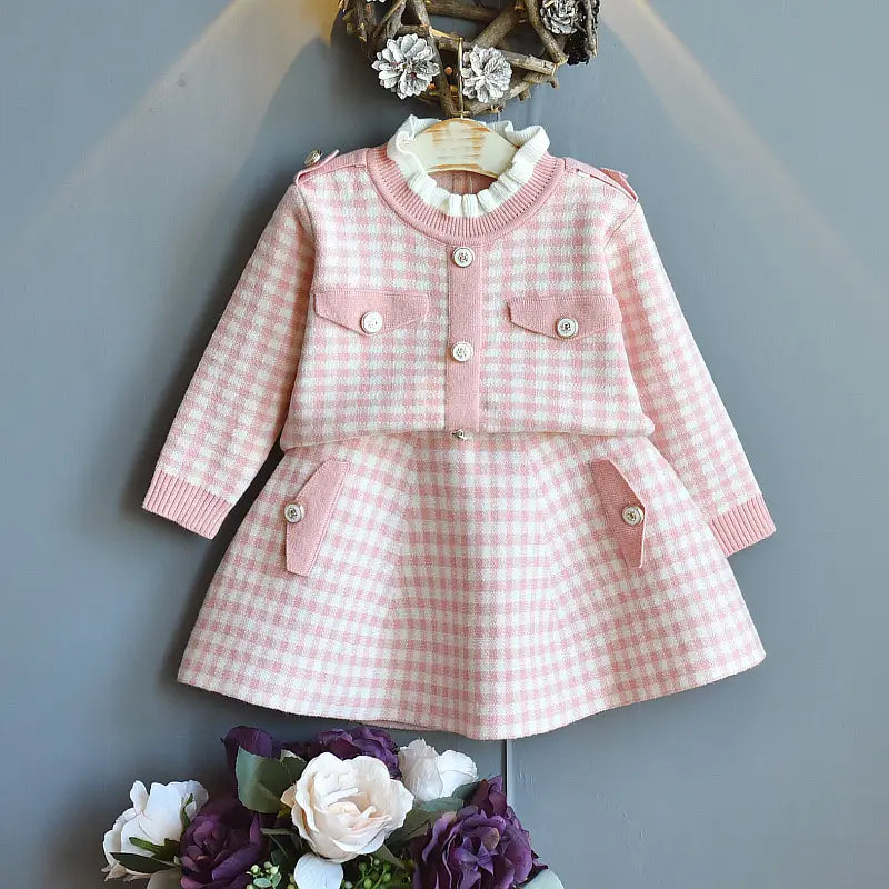 Girls Plaid Knit Two-Piece Dress - 4 Colours, 90 to 130cm