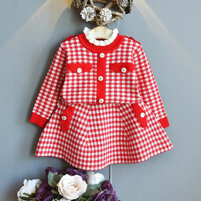 Girls Plaid Knit Two-Piece Dress - 4 Colours, 90 to 130cm