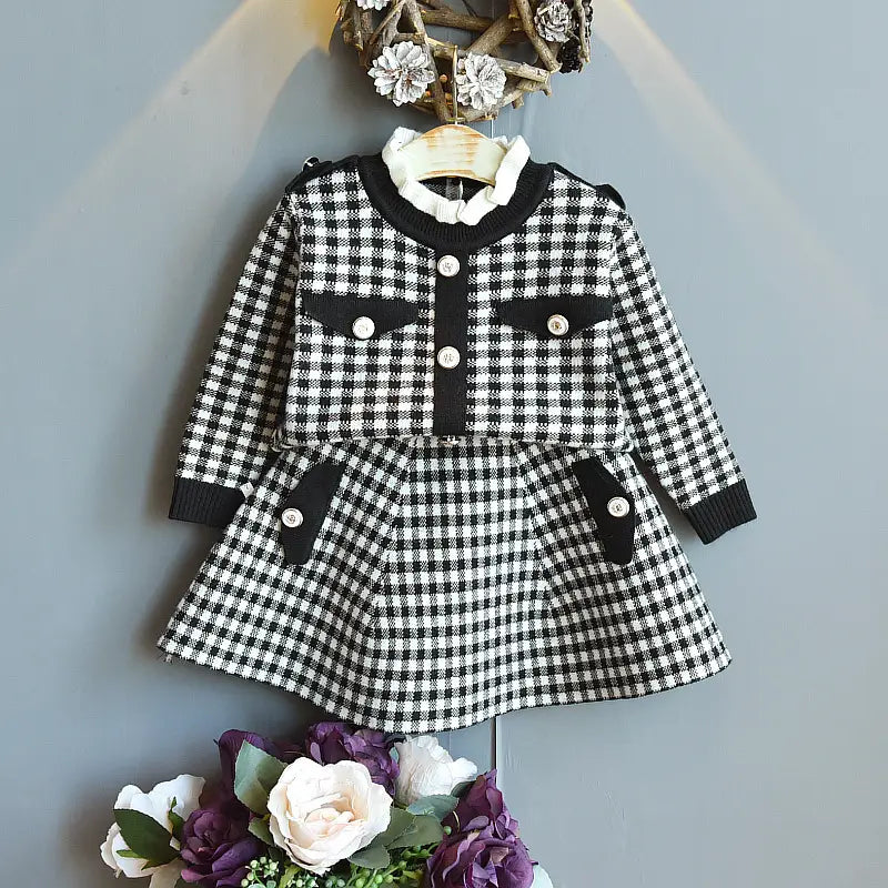 Girls Plaid Knit Two-Piece Dress - 4 Colours, 90 to 130cm