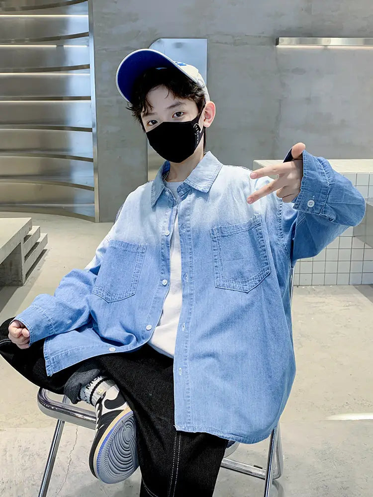 Boys Long Sleeve Denim Shirt - Black, Blue, 120 to 170cm
