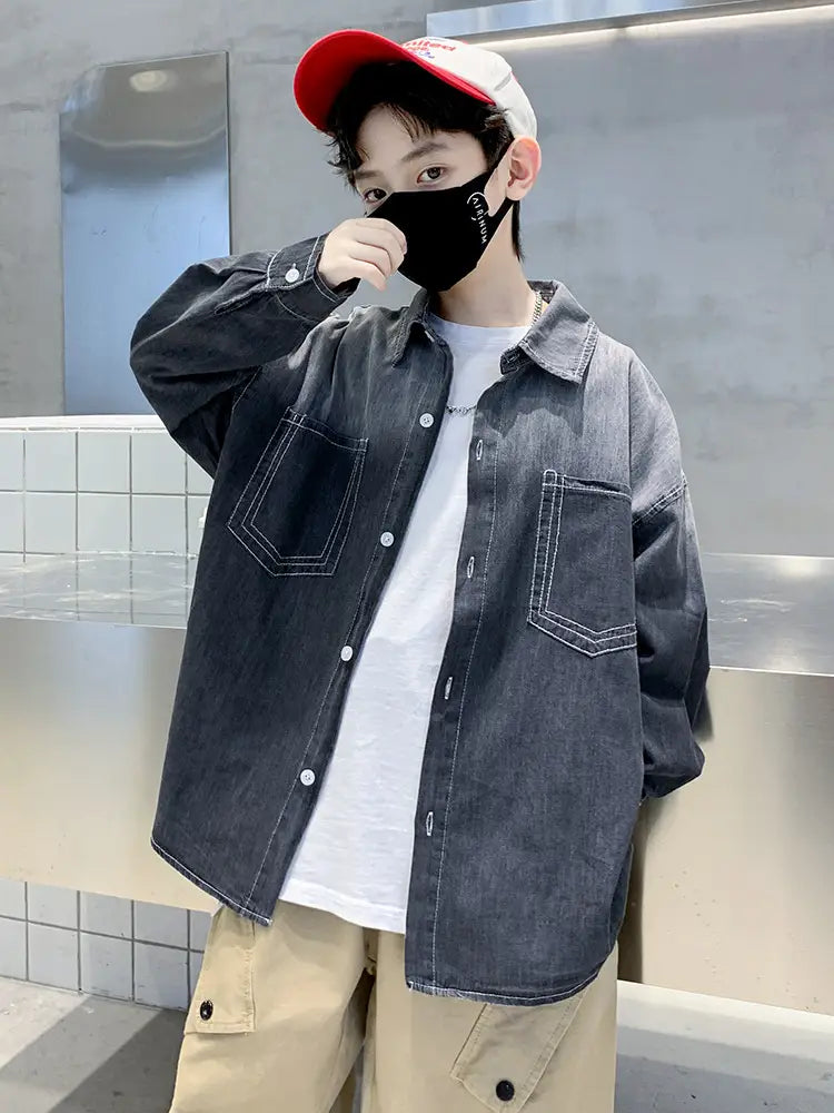 Boys Long Sleeve Denim Shirt - Black, Blue, 120 to 170cm