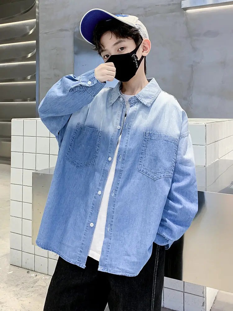 Boys Long Sleeve Denim Shirt - Black, Blue, 120 to 170cm