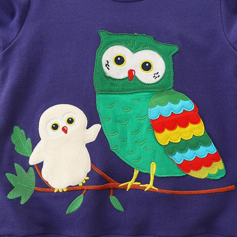 Kids Owl Embroidered Sweatshirt - Purple Cotton, 2 to 7 Years