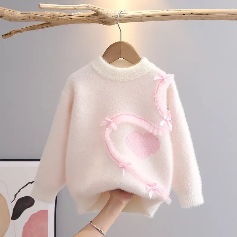 Girls Velvet Sweater - Heart and Bow, 110 to 150cm, 4-12 Years