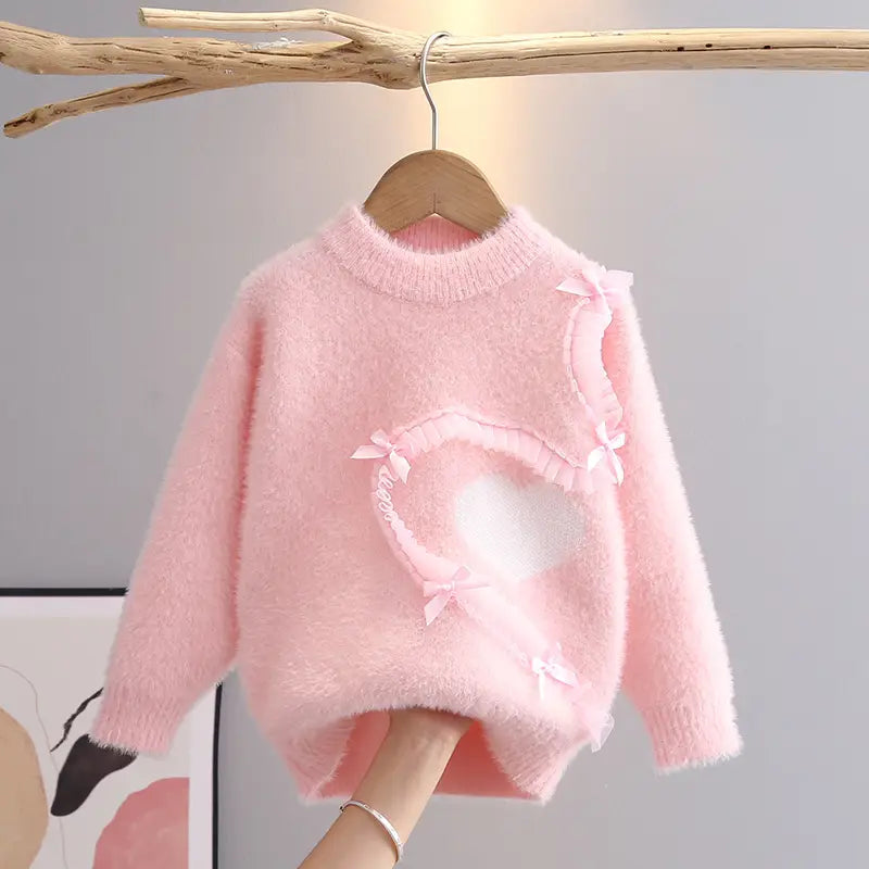 Girls Velvet Sweater - Heart and Bow, 110 to 150cm, 4-12 Years
