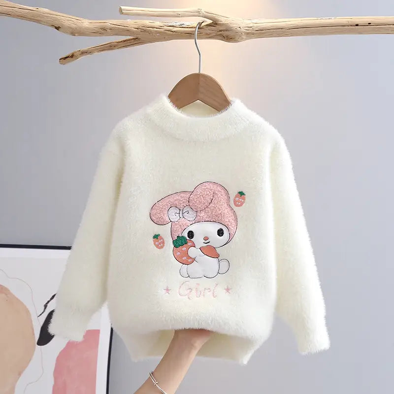 Girls Plush Sweater - Bunny and Strawberry, 110 to 150cm