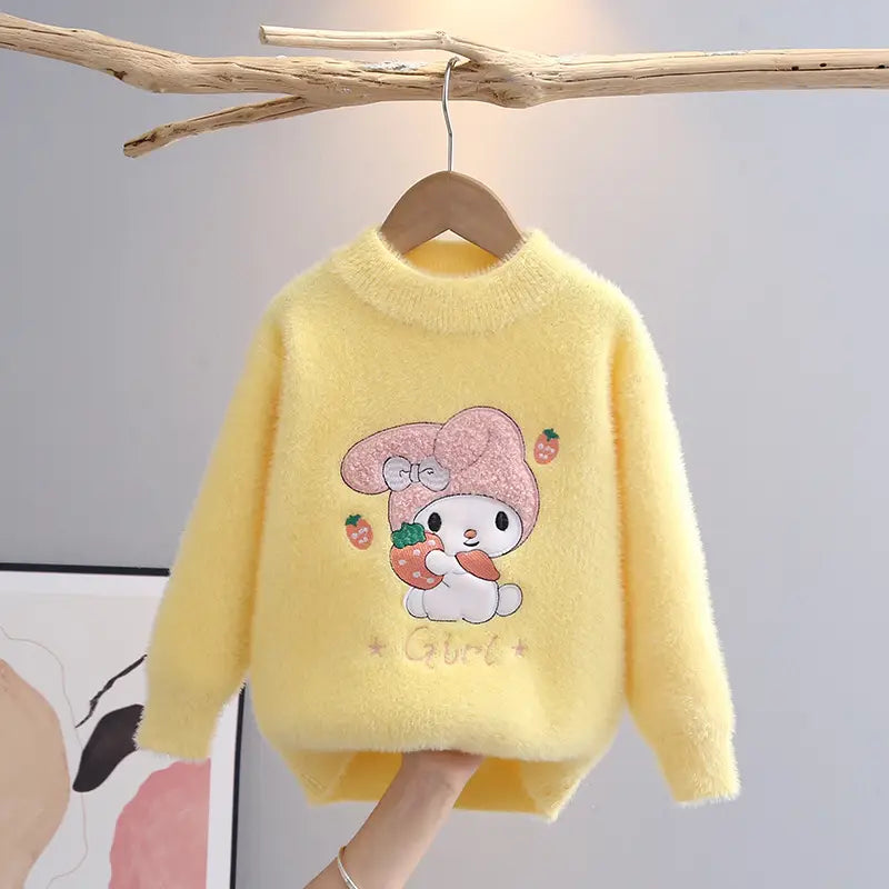 Girls Plush Sweater - Bunny and Strawberry, 110 to 150cm