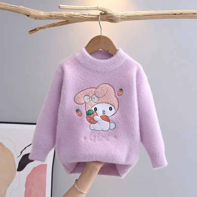 Girls Plush Sweater - Bunny and Strawberry, 110 to 150cm