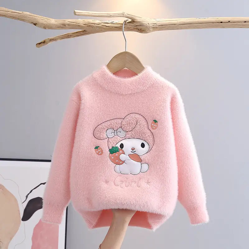 Girls Plush Sweater - Bunny and Strawberry, 110 to 150cm