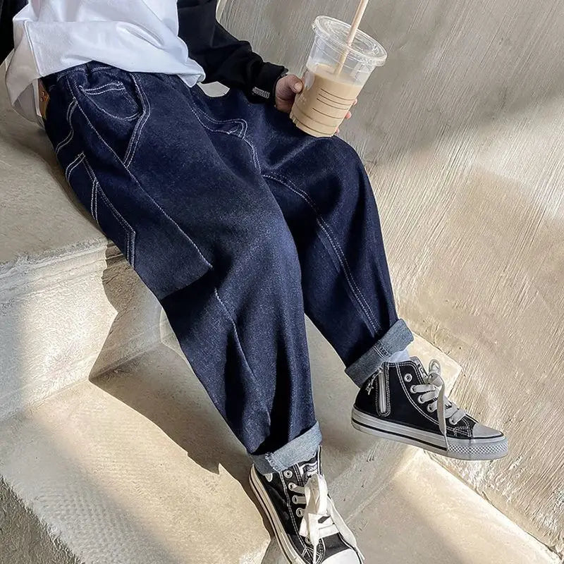Boys Wide Leg Jeans - Dark Blue, Black, 110cm