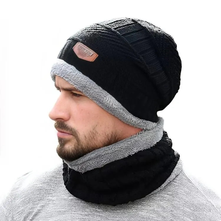 Winter Wool Cap & Neck Warmer Set - Black Textured, Unisex