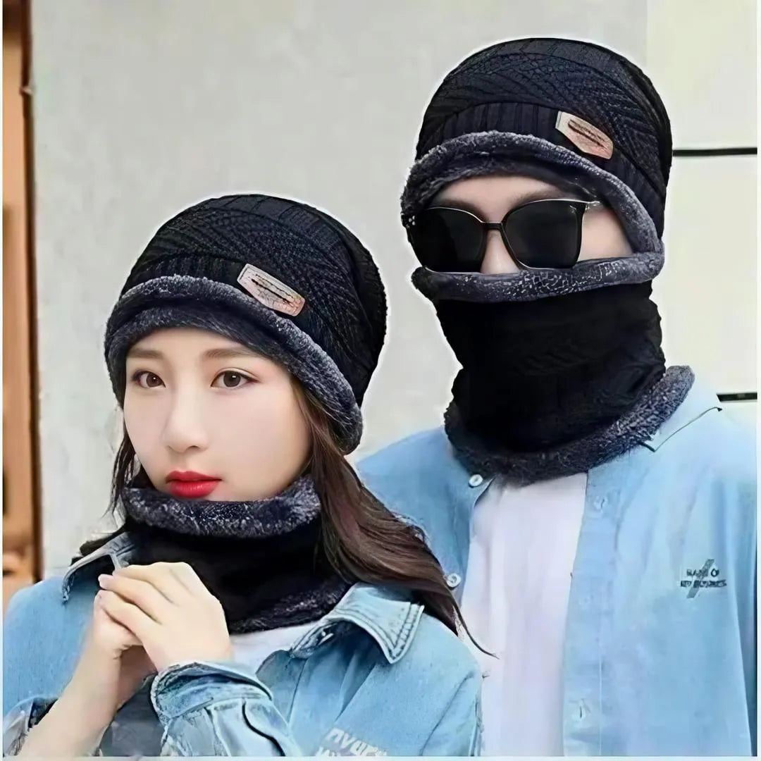 Winter Wool Cap & Neck Warmer Set - Black Textured, Unisex