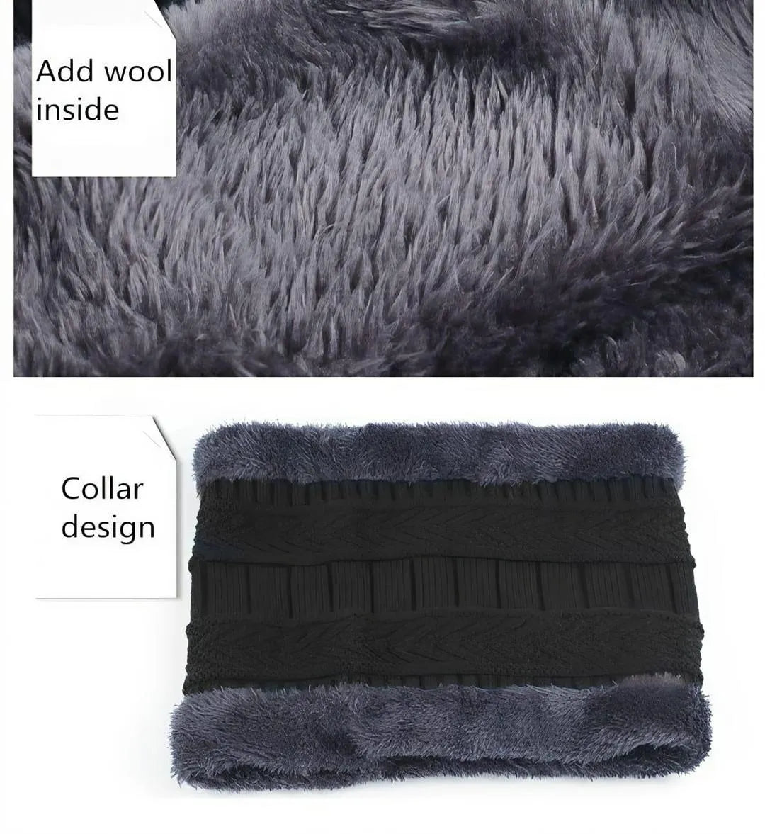 Winter Wool Cap & Neck Warmer Set - Black Textured, Unisex