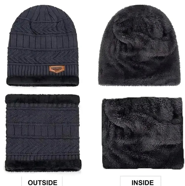 Winter Wool Cap & Neck Warmer Set - Black Textured, Unisex