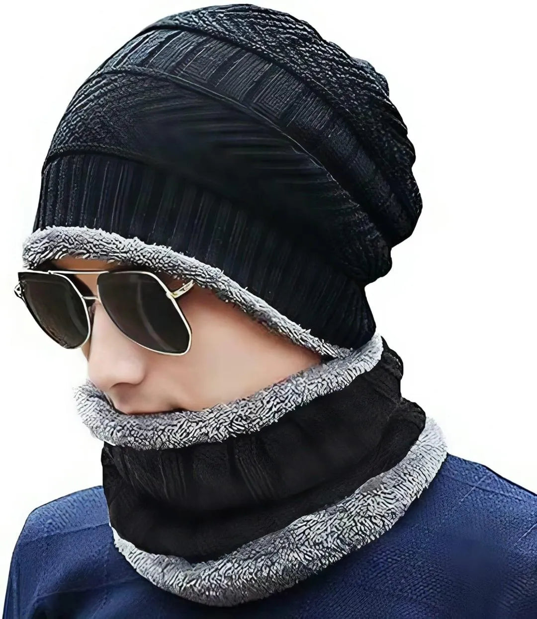 Winter Wool Cap & Neck Warmer Set - Black Textured, Unisex