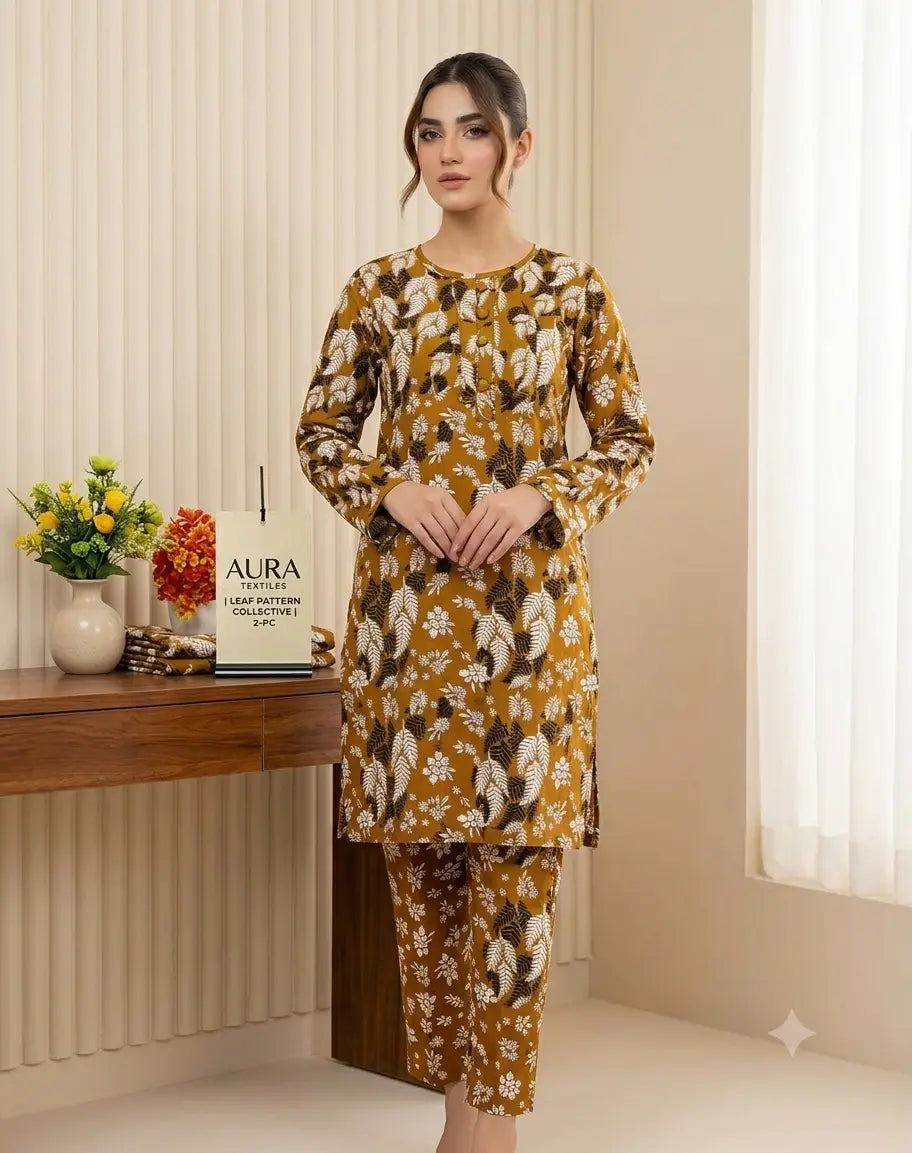 Brown Printed Polo Cotton Suit - 2-Piece Unstitched