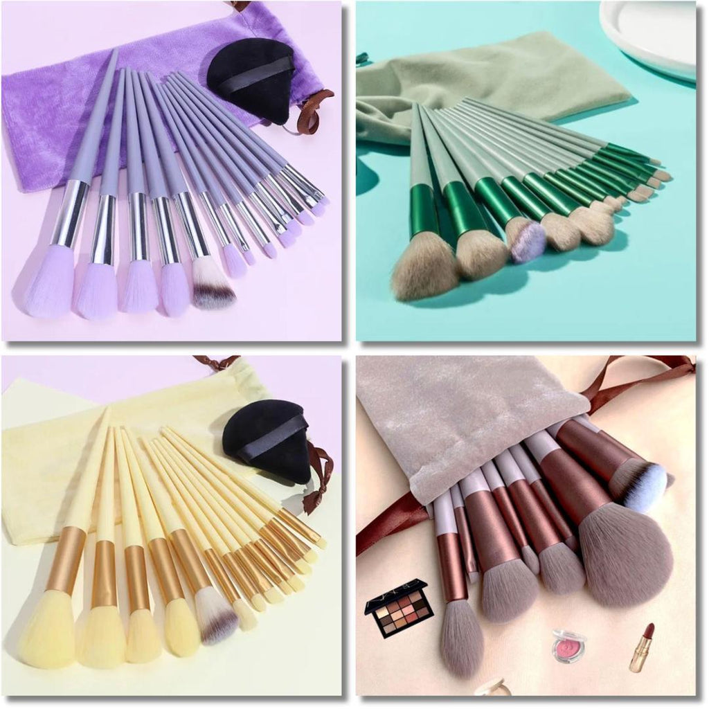 13 Piece Makeup Brush Set - Pink, Purple, Green, Yellow