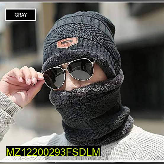 Unisex Wool Beanie & Neck Warmer Set - Gray, Double Layer