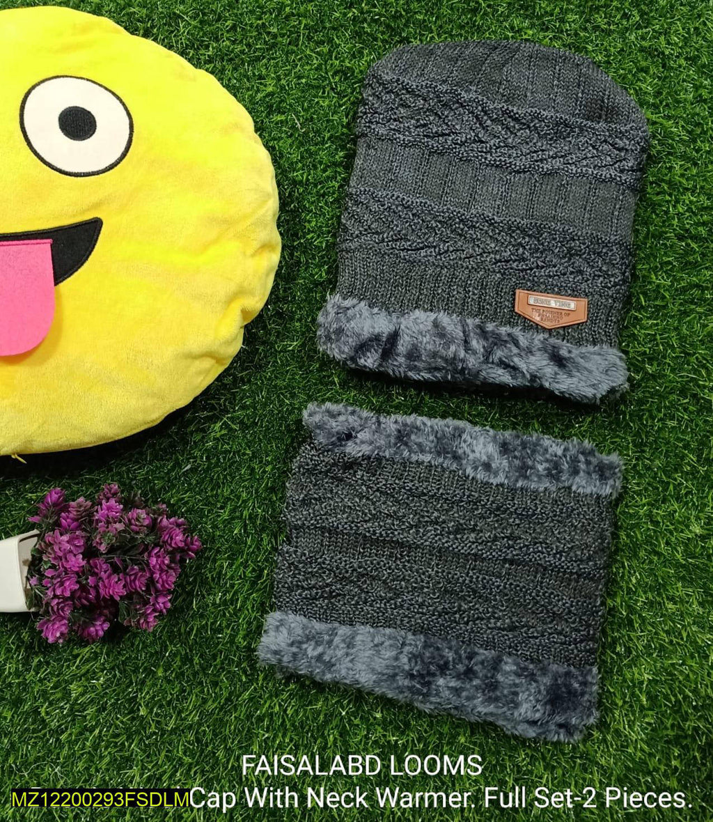 Unisex Wool Beanie & Neck Warmer Set - Gray, Double Layer