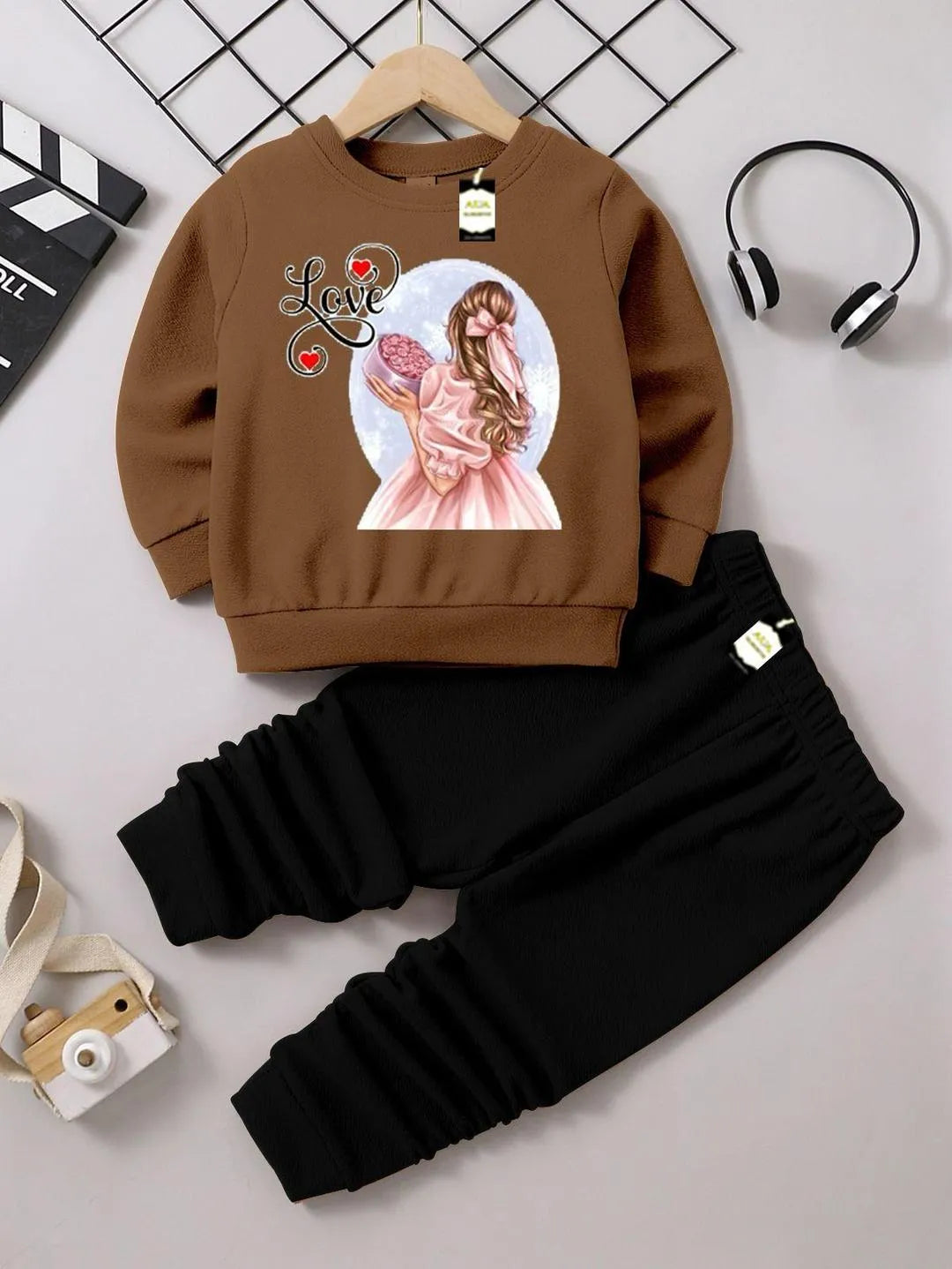 Girls Printed Fleece Tracksuit - Brown, 1 to 10 Years