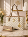 Women's Checkered Shoulder Bag - Beige, Gold Tone Hardware