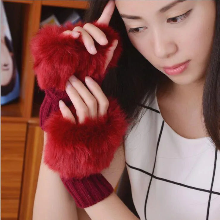 Women's Fingerless Gloves - Maroon, Wool with Faux Fur Trim