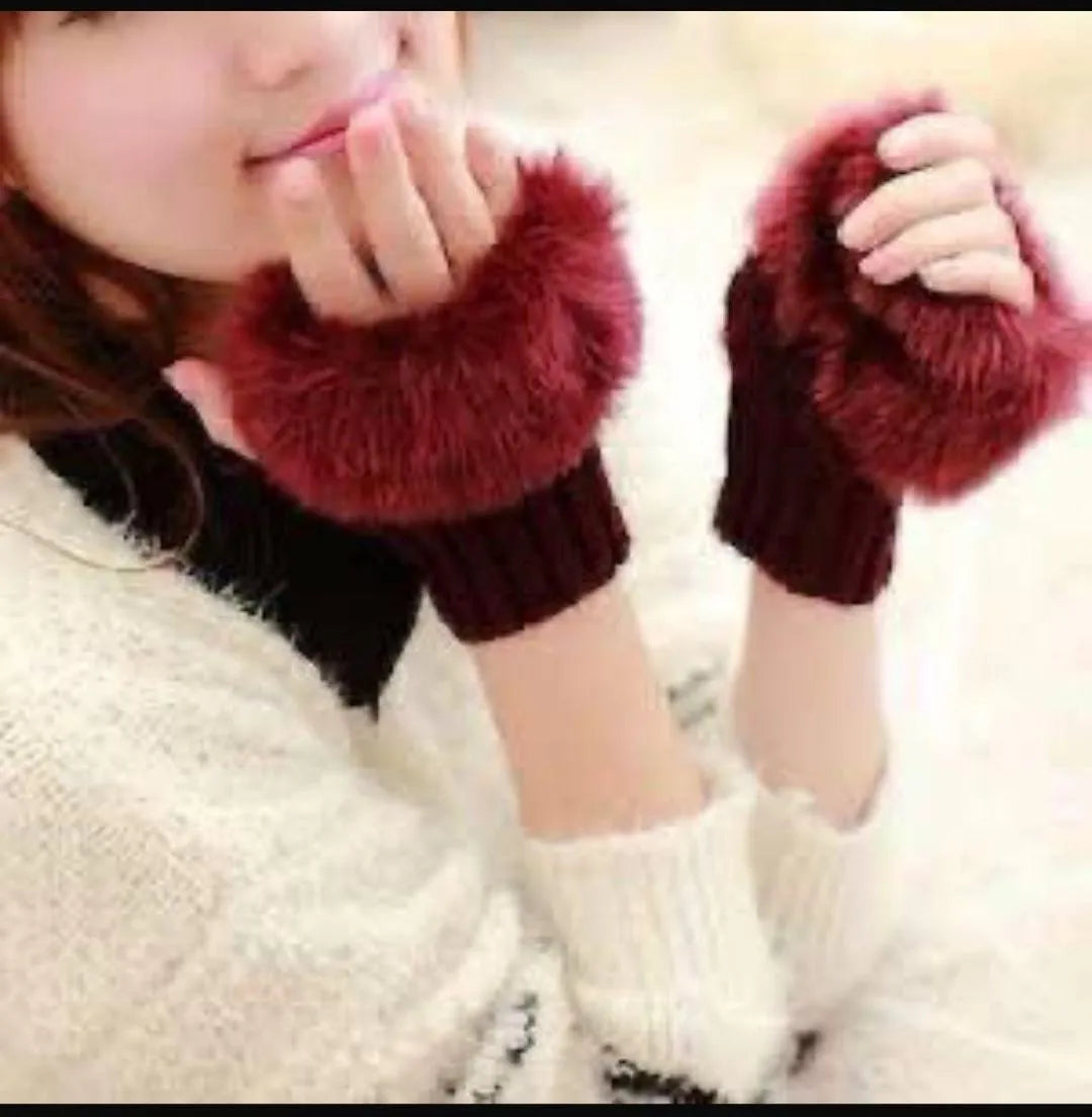 Women's Fingerless Gloves - Maroon, Wool with Faux Fur Trim