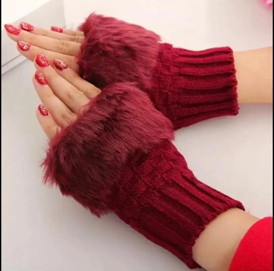Women's Fingerless Gloves - Maroon, Wool with Faux Fur Trim