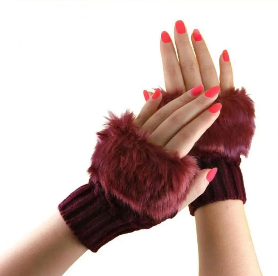 Women's Fingerless Gloves - Maroon, Wool with Faux Fur Trim