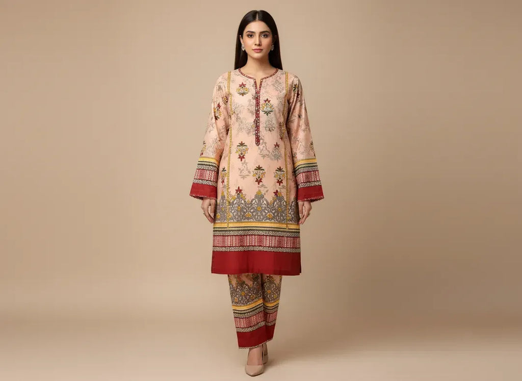 Pink Printed Polo Cotton Suit - 2-Piece Unstitched