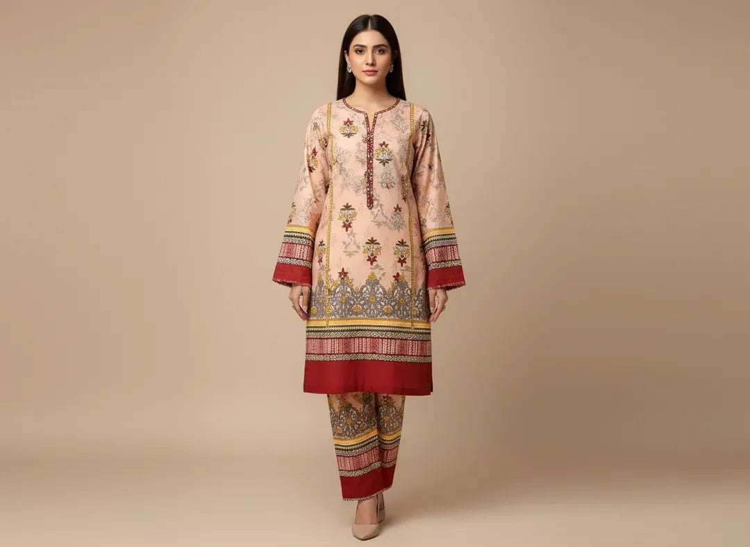Pink Printed Polo Cotton Suit - 2-Piece Unstitched