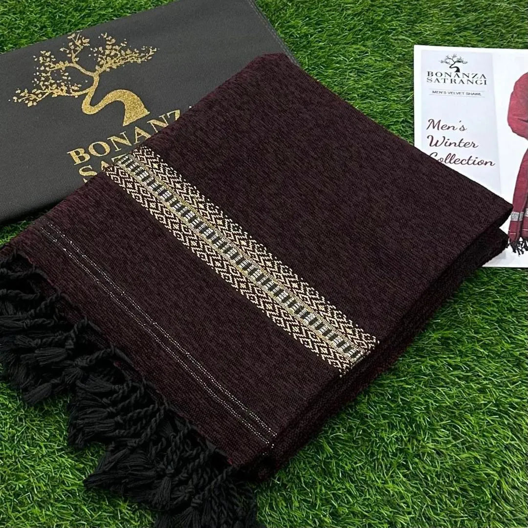Men's Velvet Shawl - Maroon Geometric Border, 3 Yards