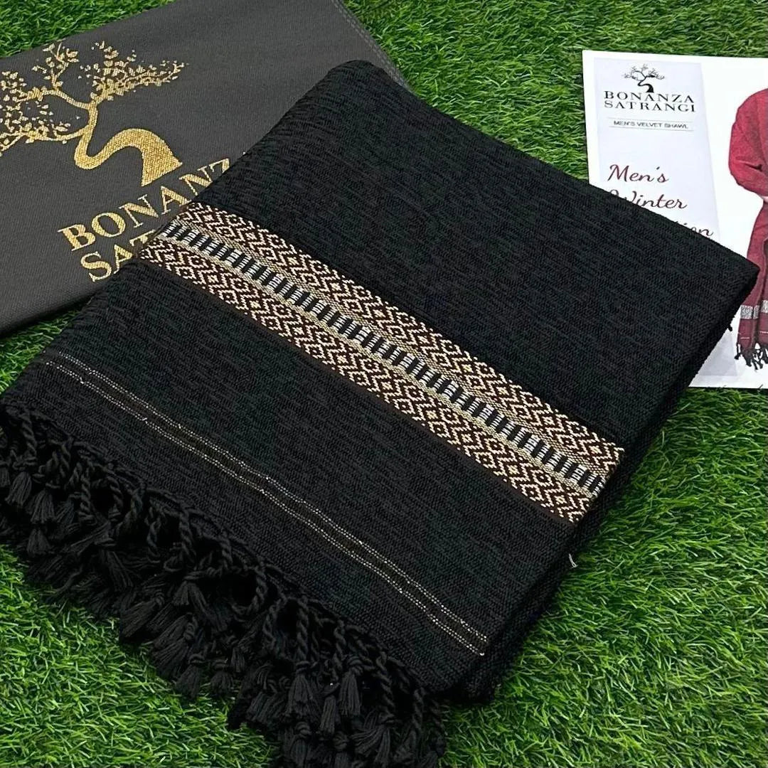Men's Velvet Woolen Shawl - Black Plain, 3 Yards