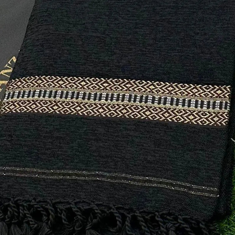Men's Velvet Woolen Shawl - Black Plain, 3 Yards