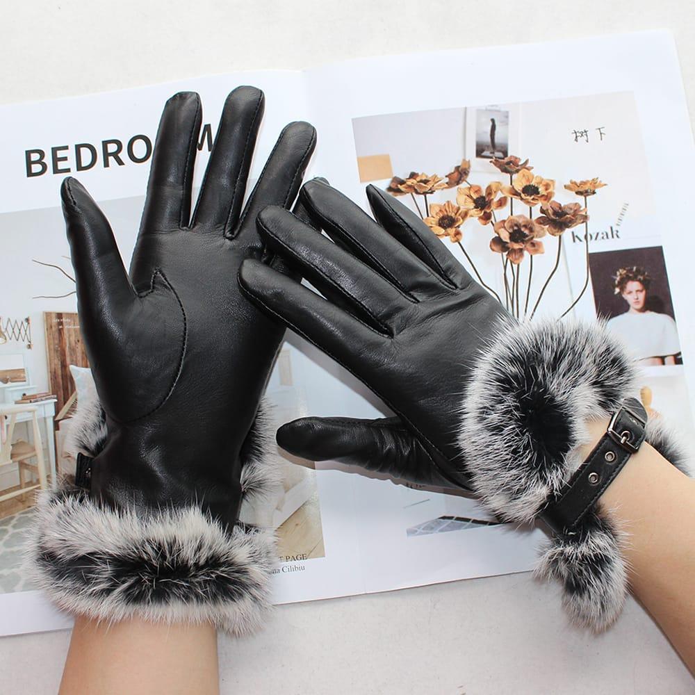 Women's Leather Gloves - Black, Plain, Warm Winter Pair