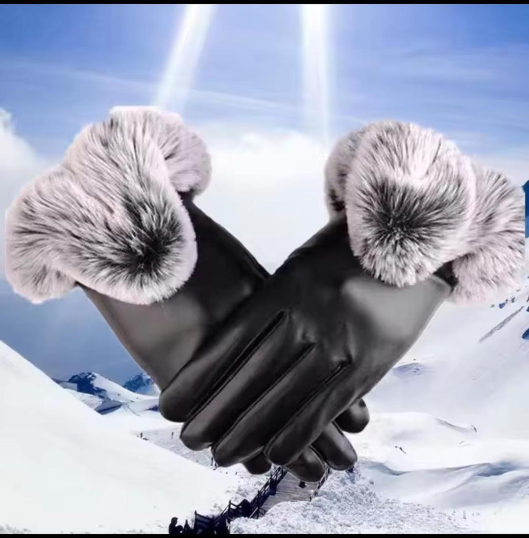 Women's Leather Gloves - Black, Plain, Warm Winter Pair