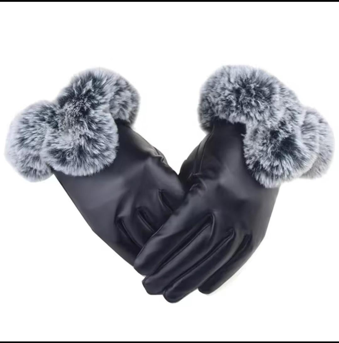 Women's Leather Gloves - Black, Plain, Warm Winter Pair