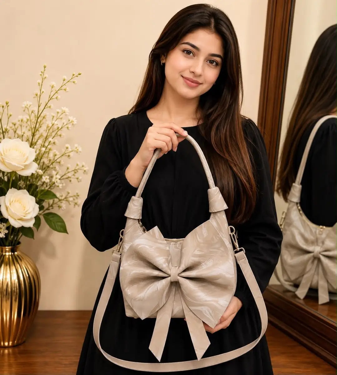 Women's Printed Leather Shoulder Bag - Beige, 7 x 11 Inches