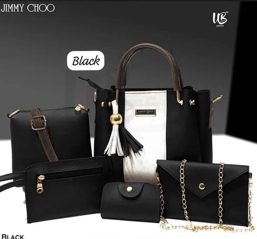 Women's Handbag Set - Black PU Leather, 5 Pcs Top Handle